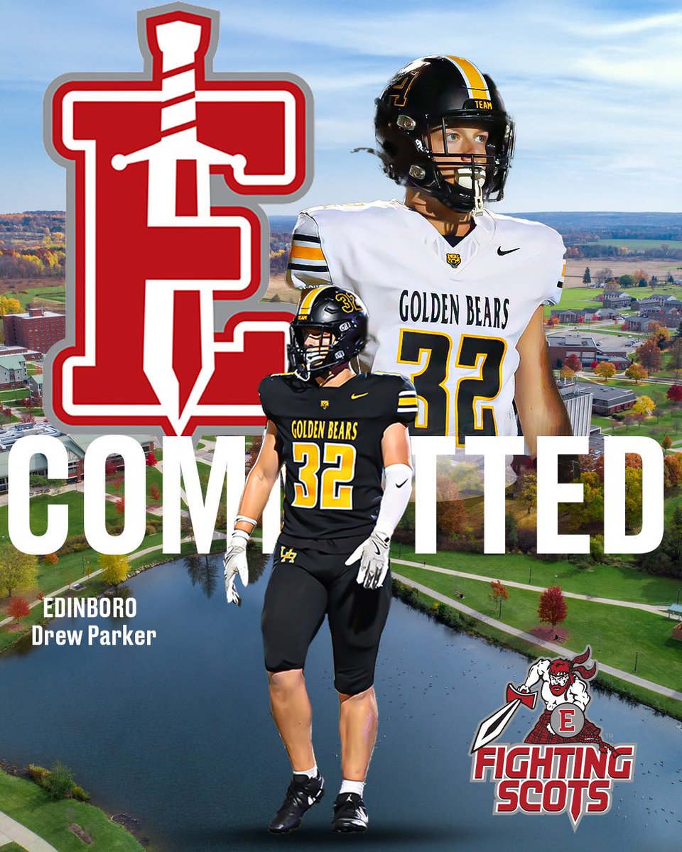 Drew Parker (@drewparker32) on Twitter photo COMMITTED!!!!! 🔴⚪️
I would like to thank all of my coaches for helping grow as a player, my parents for being my biggest supporters, and the Edinboro coaching staff for giving me this blessed opportunity. LETS GO FIGHTING SCOTS!!!!
<a href="/jbuttermore2/">Justin Buttermore</a> <a href="/GoldenBears_FB/">UA Football</a> COMMITTED!!!!! 🔴⚪️
I would like to thank all of my coaches for helping grow as a player, my parents for being my biggest supporters, and the Edinboro coaching staff for giving me this blessed opportunity. LETS GO FIGHTING SCOTS!!!!
<a href="/jbuttermore2/">Justin Buttermore</a> <a href="/GoldenBears_FB/">UA Football</a>