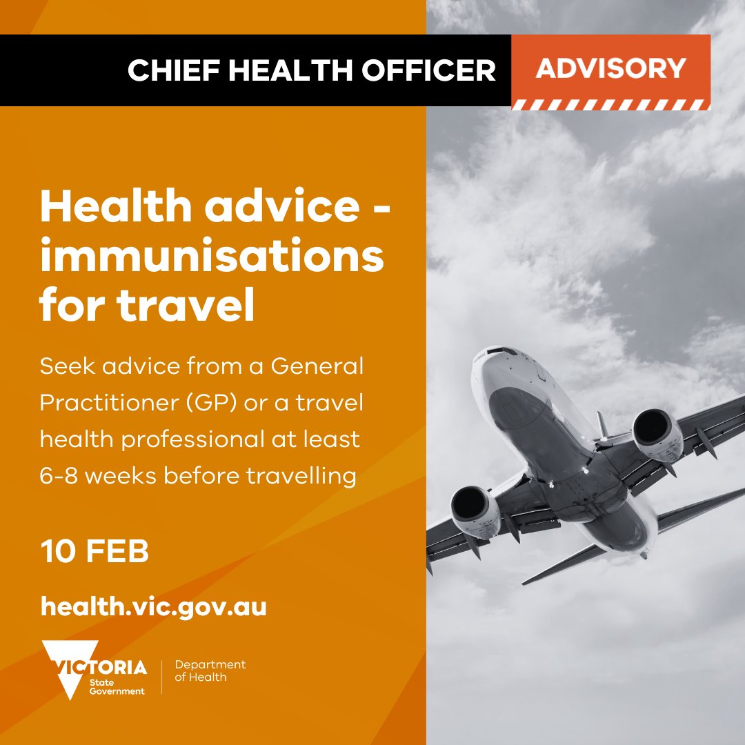 Victorians planning overseas travel should ensure their routine vaccinations are up to date. 

Seek advice from a General Practitioner (GP) or a travel health professional at least 6-8 weeks before travelling. 

More: go.vic.gov.au/4k5ooh9 

1/5 🧵