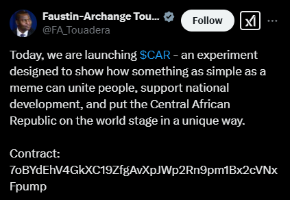 🇨🇫CENTRAL AFRICAN REPUBLIC LAUNCHED A NATIONAL CRYPTO

CAR’s president dropped $CAR, a new token supposedly meant for “country development.” 

In a nation with a $2.6B GDP, its crypto market cap is already $283M—but only $2.4M in liquidity.

35% of the supply is locked for