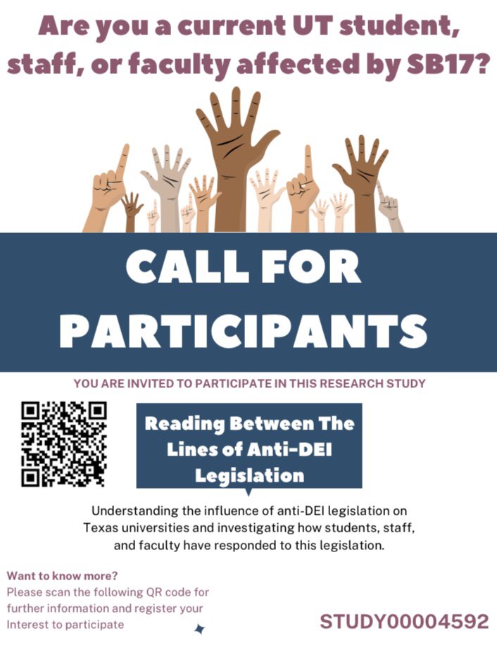JennaDoane_EPP's tweet photo. We are still looking for UT faculty, staff, and students who want to participate in our research study on the impacts of anti-DEI legislation. We will be sharing some of our findings at the AERA conference this year, so let your voice be heard and accounted for! #SB17 https://t.co/f3DDuVJrs1