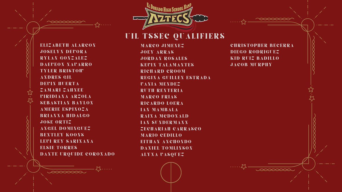 Cesar Hinojos (@chinojos_edhs) on Twitter photo We are so proud of our Aztec Band members who represented the Empire at UIL Solo and Ensemble! A HUGE congratulations goes out to 40 of our band members who qualified for state! #ProcessOverResults <a href="/EDAztecs_HS/">Venessa Betancourt</a> <a href="/SISD_FineArts/">SISD Fine Arts</a> We are so proud of our Aztec Band members who represented the Empire at UIL Solo and Ensemble! A HUGE congratulations goes out to 40 of our band members who qualified for state! #ProcessOverResults <a href="/EDAztecs_HS/">Venessa Betancourt</a> <a href="/SISD_FineArts/">SISD Fine Arts</a>