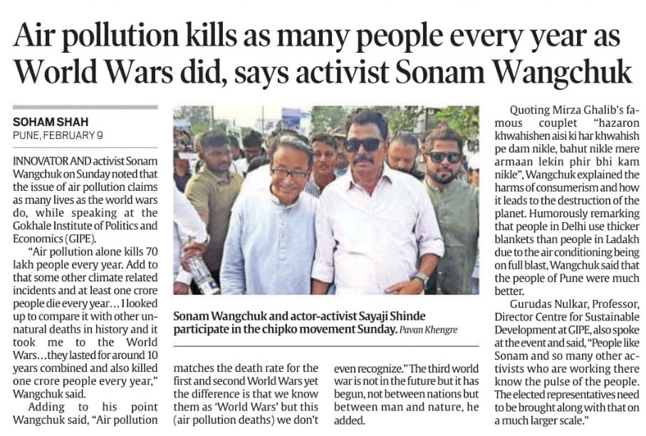 mhemachari's tweet photo. Sonam Wangchuk said, "Air pollution matches the death rate for the first and second World Wars yet the difference is that we know them as 'World Wars' but this (air pollution deaths) we don't even recognise”.
#CleanAir💙 
@Warriormomsin 
@Wangchuk66 https://t.co/YoRvS6nU3i