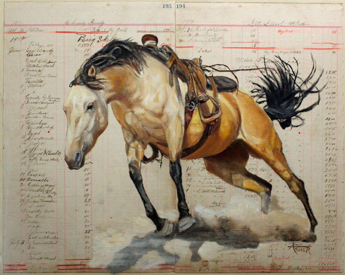 “Unintentional Dismount” 16x20 Mixed Media on Original 1911-12 Ledger by Julie Asher #ledgerart #TREASURE