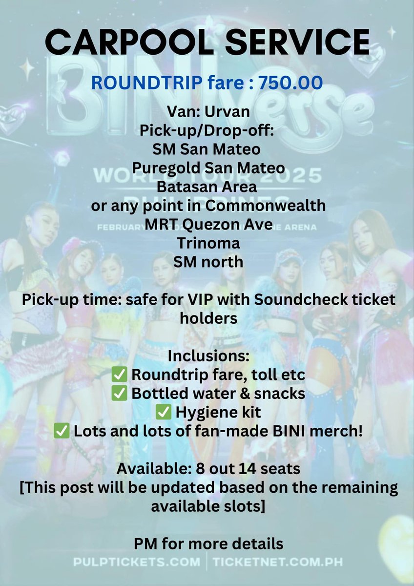 winsummah's tweet photo. 💠CALLING ALL BLOOMS💠 BINIVERSE World Tour shuttle service / carpool. A chance to win an official BINI merch. DM to inquire #Biniverse https://t.co/HOQJdHlIbK