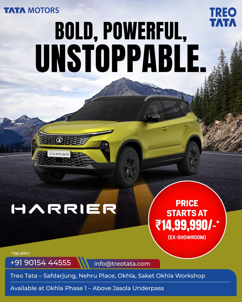 TreoTata's tweet photo. 🔥 Experience the Power of the Tata Harrier!

Highlights:
✨ Striking design with aerodynamic styling
✨ Luxurious interiors for a first-class experience
✨ Advanced safety features and powerful performance https://t.co/dAeixz4JTj