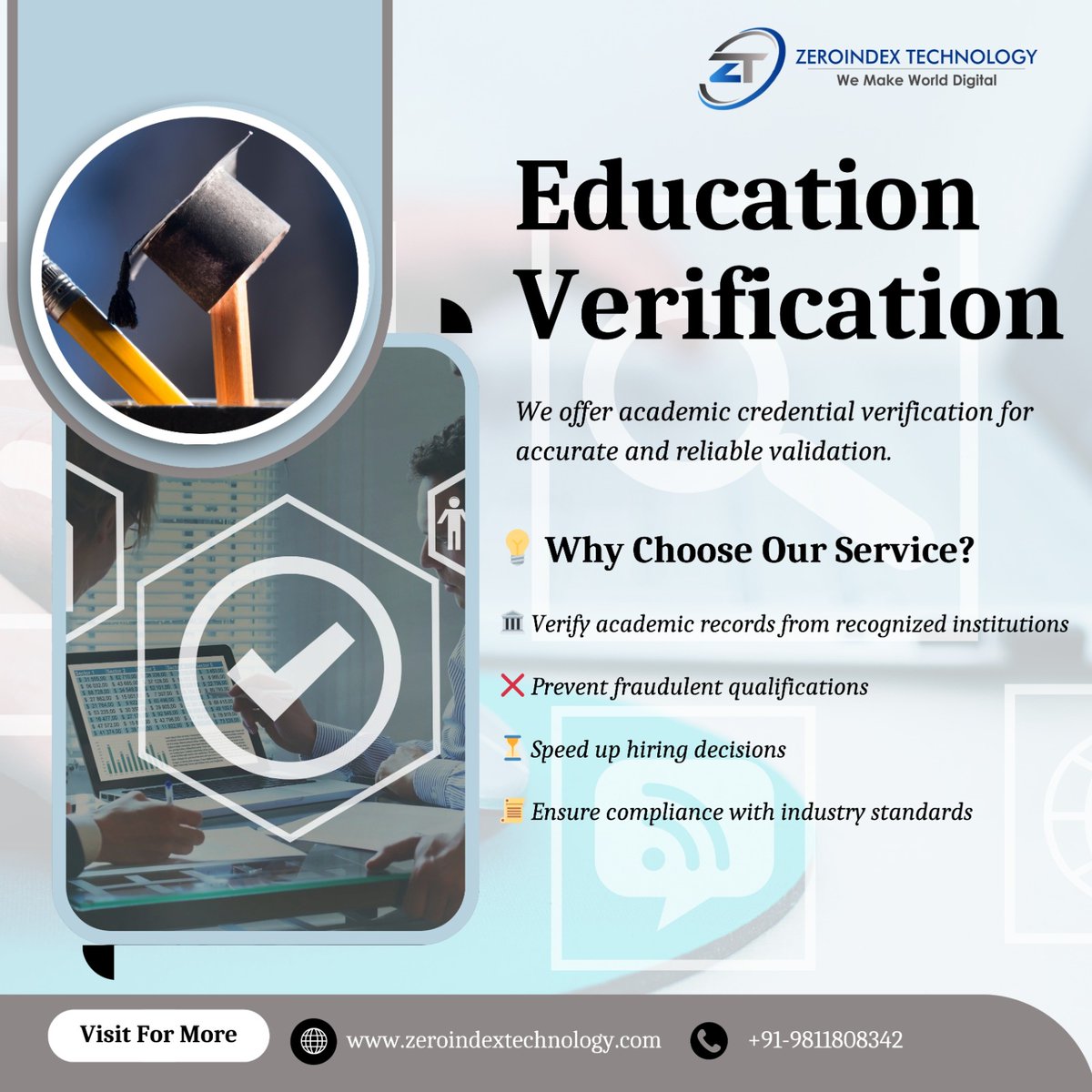 zeroindextech's tweet image. Verify candidate credentials with our Education Verification Service for accurate, authentic, and trustworthy hiring.
For more information contact us:
zeroindextechnology.com
+91-9811808342   
#EducationVerification #BackgroundCheck #EmployeeScreening #CredentialVerification