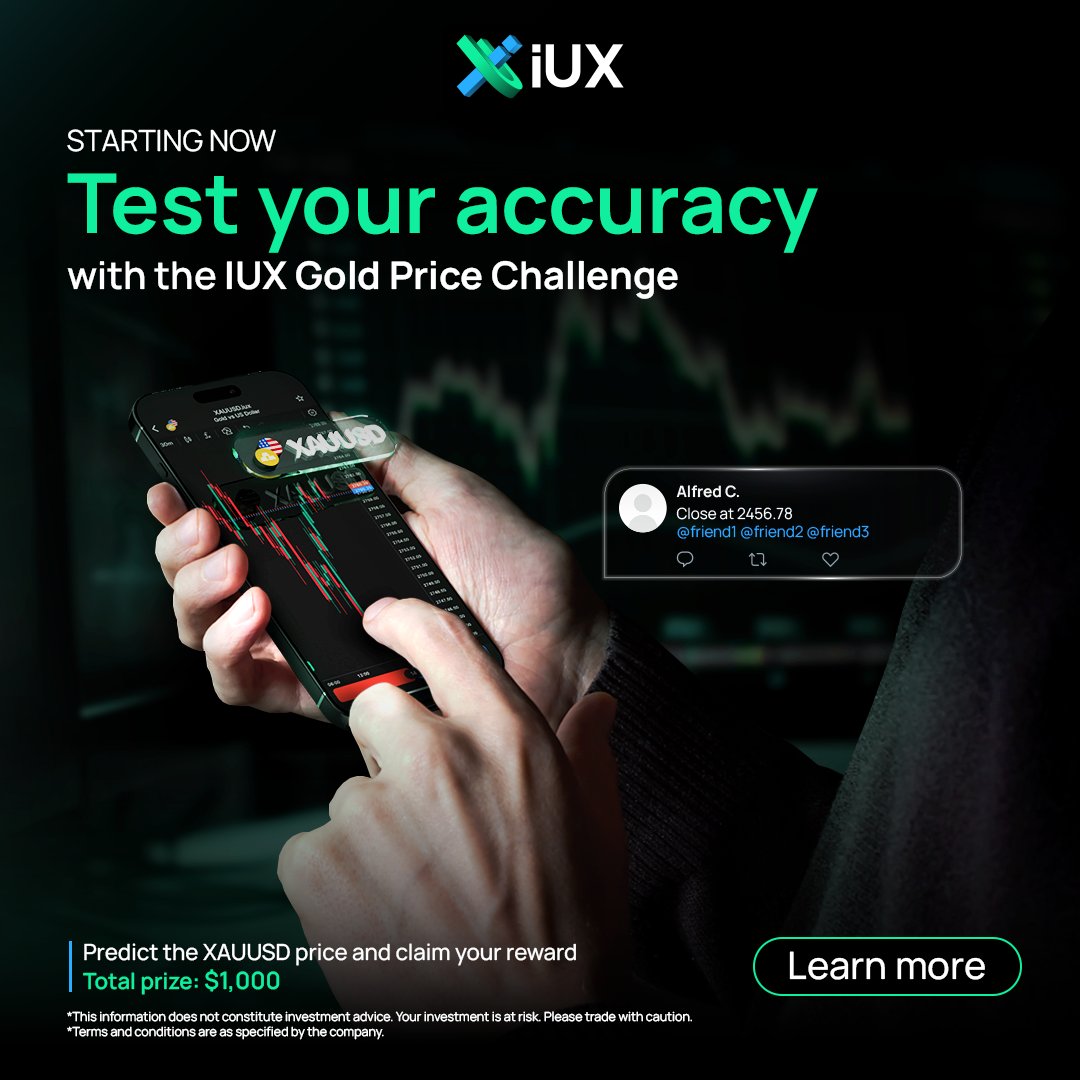 iux_official's tweet image. [Starting]
Test your accuracy with the IUX Gold Price Challenge!💥📈

🏆 Predict the closing price of XAUUSD with 2 decimal places on 28 Feb 2025, at 22:59 UTC+0 (Convert to your local time)
📅 Open for predictions: 31 Jan 2025 - 17 Feb 2025

How to Join:
✅ Follow us
✅ Predict…