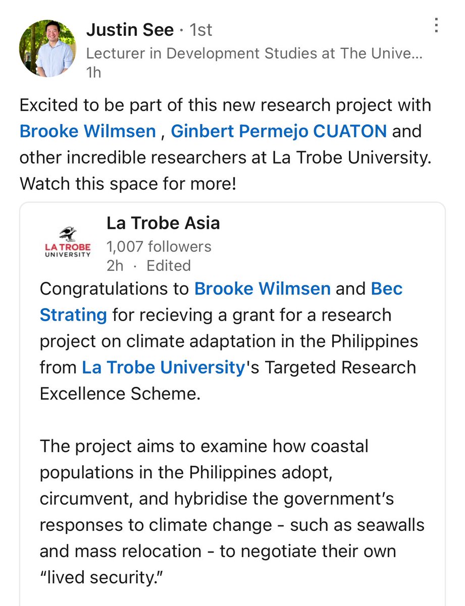 It’s officially out! 🎉We got a new grant from La Trobe Asia to critically explore the concept of “climate adaptation as lived security” in the Philippines 🇵🇭! Excited to reconnect with Filipino and Australian scholars and add to climate change research at
<a href="/DSocsp/">Department of Sociology and Social Policy (SOCSP)</a> <a href="/lingnanuni/">Lingnan University</a> ❤️