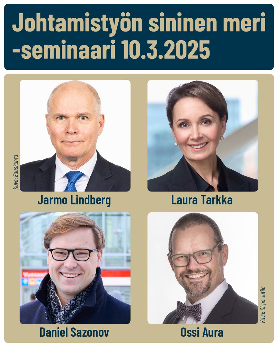 Tervetuloa mukaan Johtamistyön sininen meri seminaari 10.3.2025 klo 13 Bottalla, Museokatu 10 Hki. Alustajina <a href="/CharlesLindberg/">Jarmo Lindberg</a> Laura Tarkka ja <a href="/Dansazo/">Daniel Sazonov</a>. Ilmoittaudu tästä: link.webropolsurveys.com/EP/D718FCF87BC…