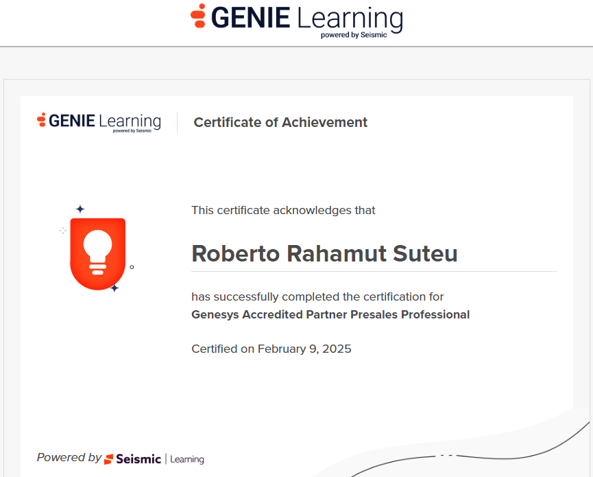rrahamut's tweet photo. Genesys Accredited Partner Presales Professional https://t.co/Y7MbQ8cthN
