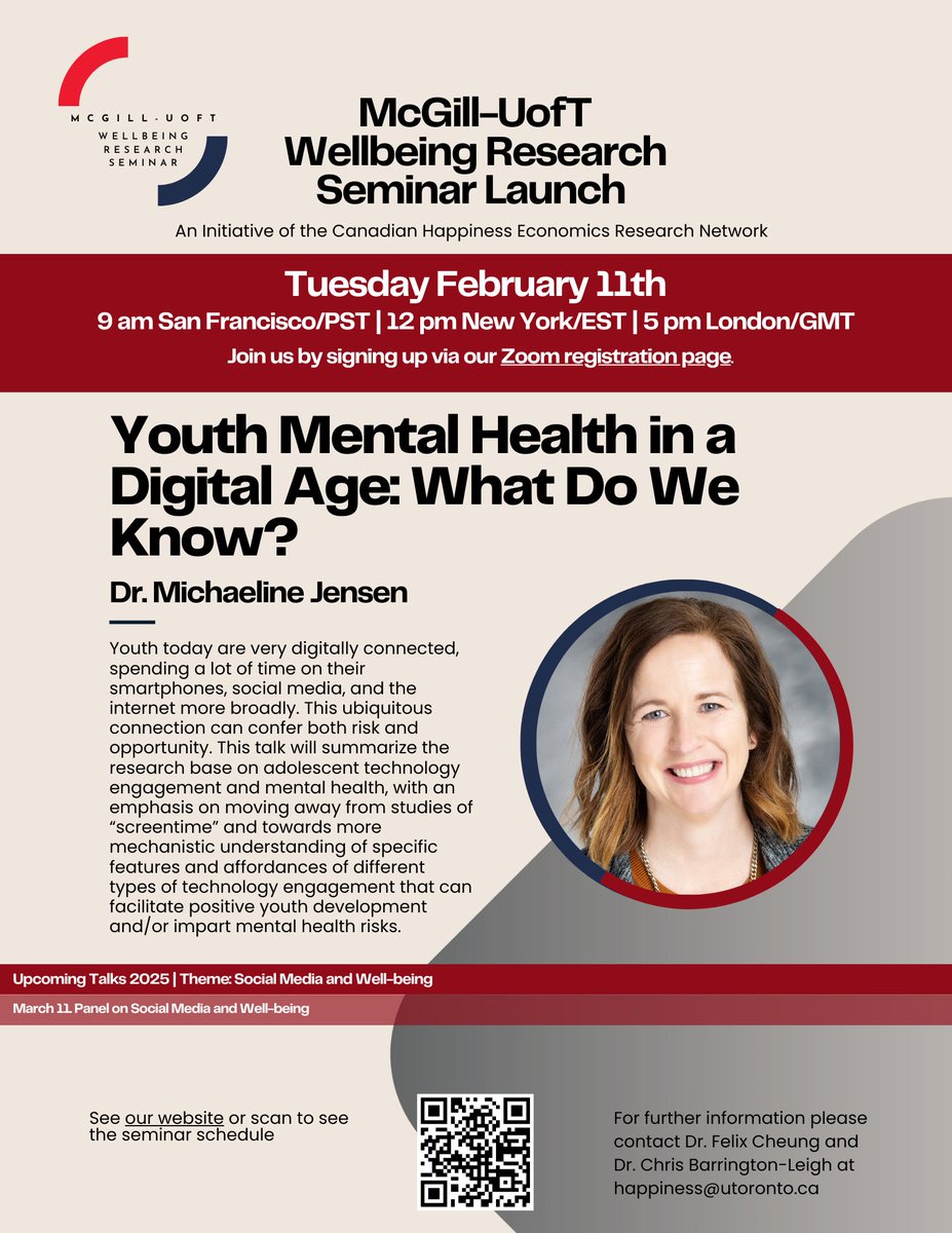 C Barrington-Leigh (@profcpbl) on Twitter photo Our next McGill-UofT Wellbeing Research Seminar is on Tuesday 11 February 2025
This is part two in our three-part miniseries on social media and wellbeing. Register now to attend!
wellbeing.research.mcgill.ca/seminar
<a href="/ISQOLS_org/">International Society for Quality-of-Life Studies</a> <a href="/ihsp_mcgill/">McGill DEEP</a> Our next McGill-UofT Wellbeing Research Seminar is on Tuesday 11 February 2025
This is part two in our three-part miniseries on social media and wellbeing. Register now to attend!
wellbeing.research.mcgill.ca/seminar
<a href="/ISQOLS_org/">International Society for Quality-of-Life Studies</a> <a href="/ihsp_mcgill/">McGill DEEP</a>