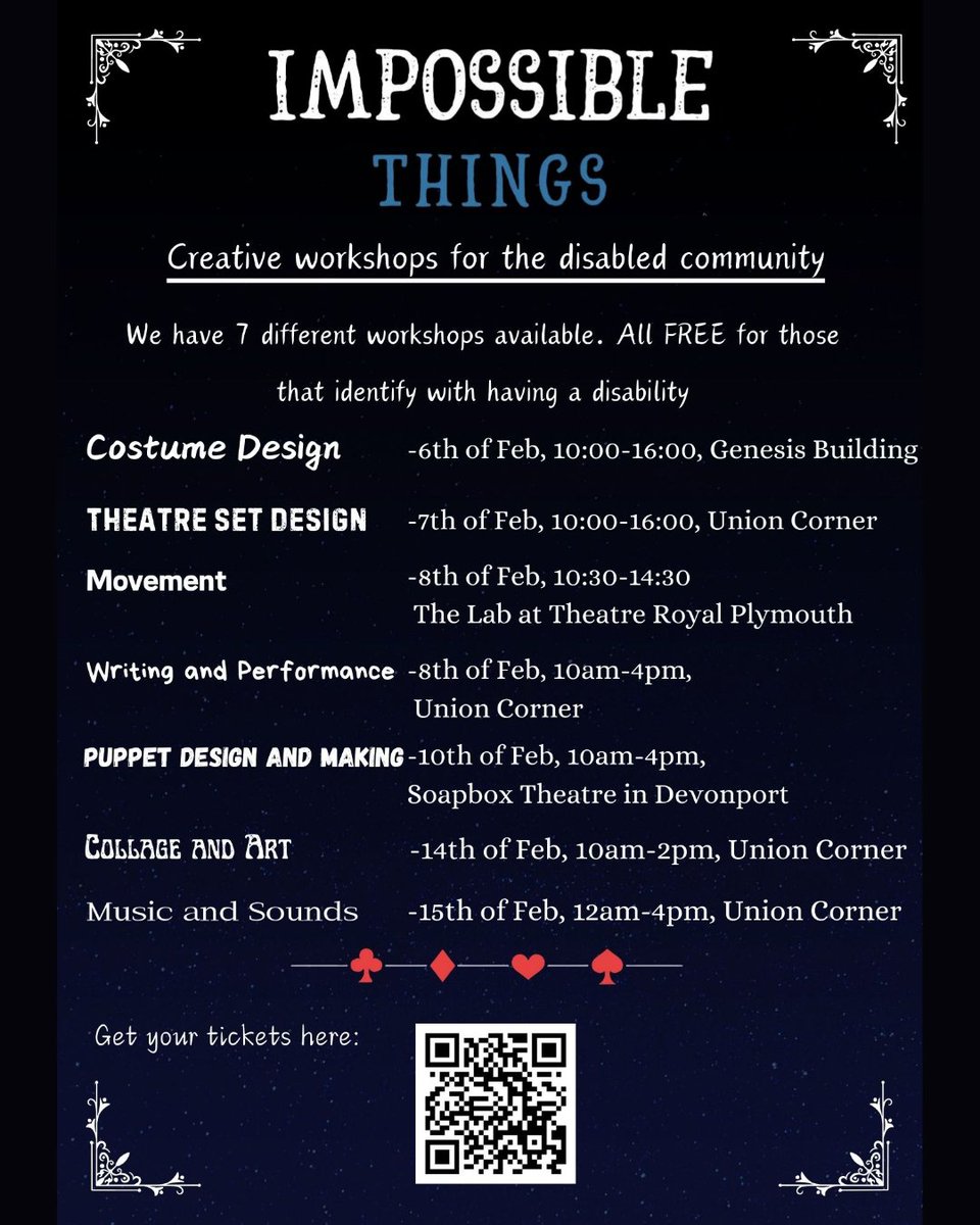 FREE creative workshops @lacompagnyimpossible explores disability and identity.

#Community #Collaboration #Advice #Support #Outreach #MentalHealth #Disability #Inclusivity #ImpossibleThings #Workshops #CostumeDesign #TheatreSetDesign #Movement #Writing #Performance #PuppetMaking