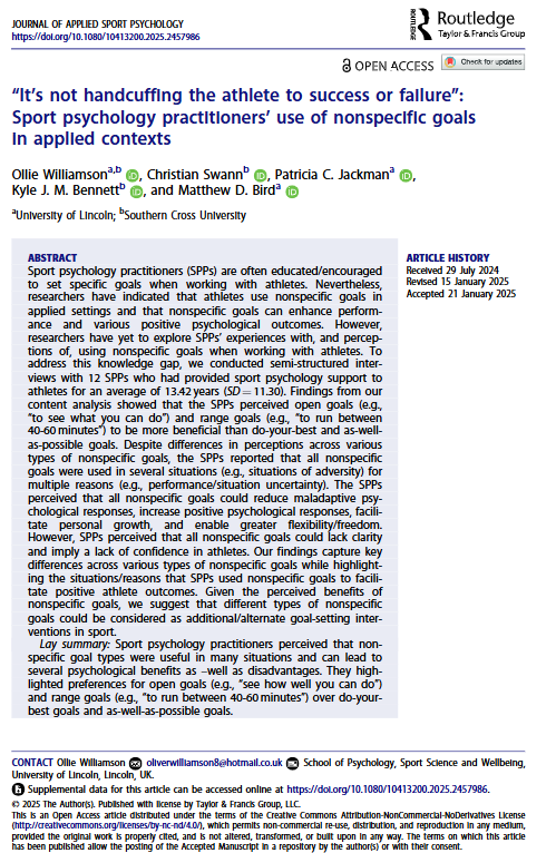 Oliver Williamson (@olliew1995) on Twitter photo New in JASP! 👇
Our paper exploring Sport psychology Practitioners' experiences with, and perceptions of nonspecific goals in applied contexts is open access
doi.org/10.1080/104132…
A massive thanks to co-authors <a href="/Matthew_D_Bird/">Dr Matthew Bird</a> <a href="/cswannpsych/">Christian Swann</a> <a href="/KyleJMBennett/">Kyle Bennett</a> and Trish Jackman New in JASP! 👇
Our paper exploring Sport psychology Practitioners' experiences with, and perceptions of nonspecific goals in applied contexts is open access
doi.org/10.1080/104132…
A massive thanks to co-authors <a href="/Matthew_D_Bird/">Dr Matthew Bird</a> <a href="/cswannpsych/">Christian Swann</a> <a href="/KyleJMBennett/">Kyle Bennett</a> and Trish Jackman