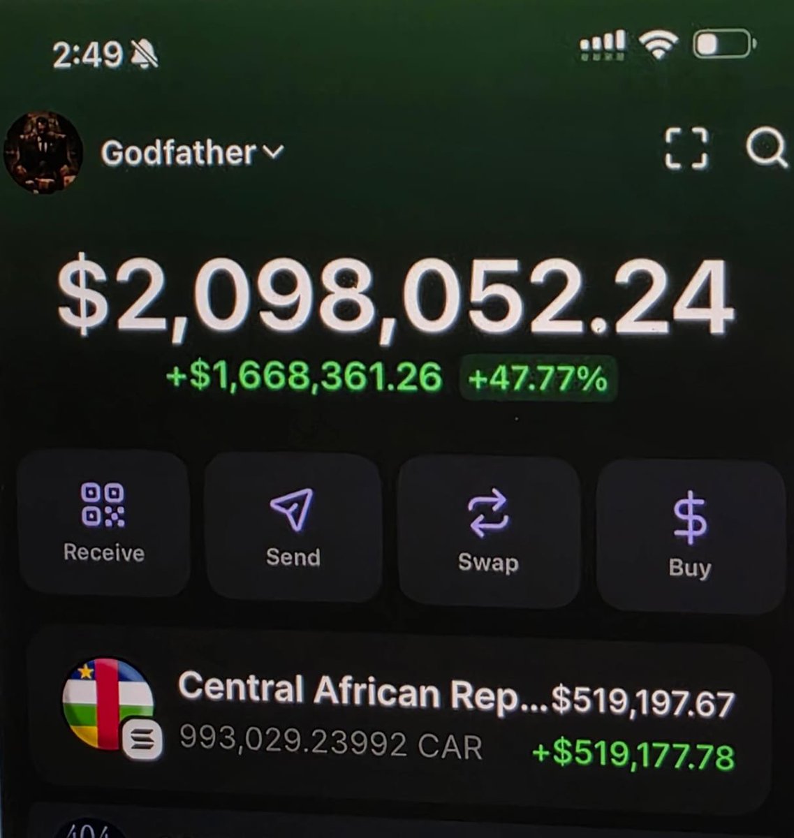 I bought this $CAR for $2,000 as soon as <a href="/FA_Touadera/">Faustin-Archange Touadéra</a>  tweeted and now its worth $500,000. Pretty insane.

Fck it, give away. 1 anon who like and retweet will get 100 $SOL (yes, for real) in 24hrs.