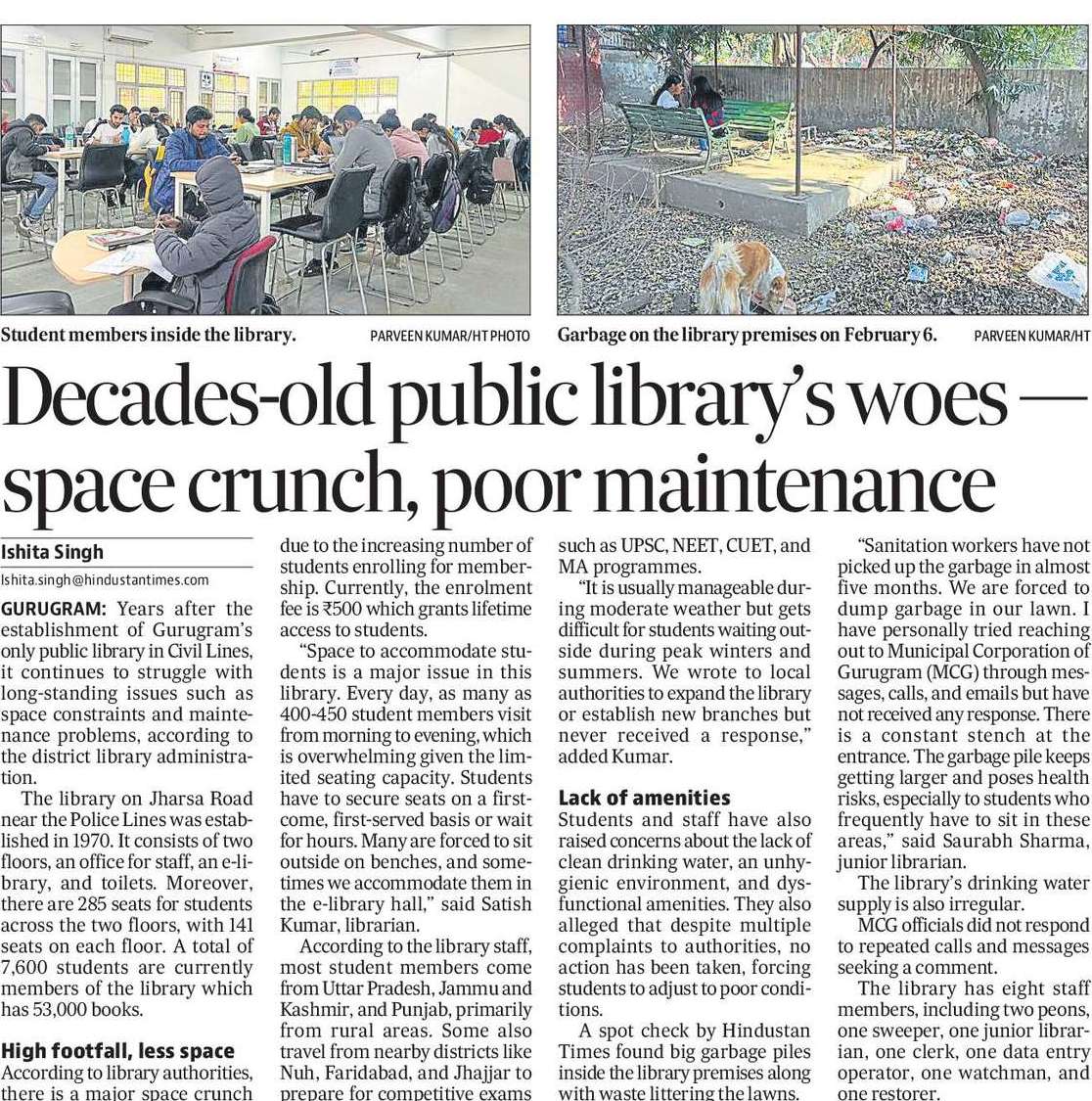 KaliKamlesh's tweet image. "Gurugram's only public library, established in 1970, is struggling with space constraints and maintenance issues. With 7,600 members and a seating capacity for 285, students face daily challenges. #Gurugram #LibraryIssues #PublicLibrary