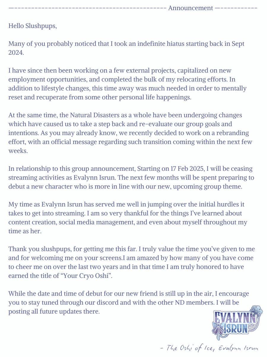 CryoOshiEva's tweet photo. Thank you all for attending my stream today. For those who missed it, here is the official announcement. 

It has been an honor to serve as your "Oshi of Ice", but the time has come for a change. https://t.co/6j4fhrPJMs