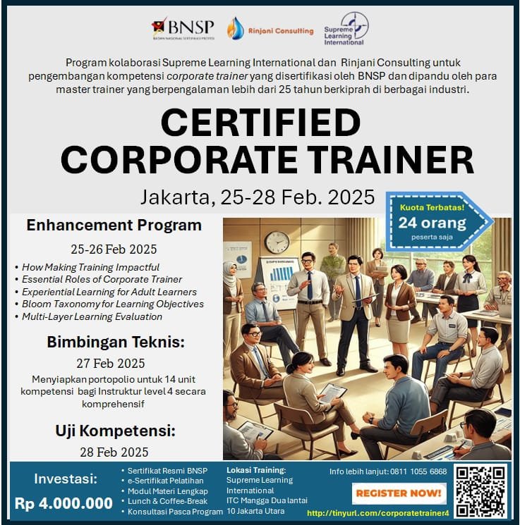 pramudya63's tweet photo. Good News ....... ! 
Supreme Learning International (SLI) kembali membuka program pelatihan bersertifikasi BNSP pada tanggal 25-28 Feb'25. Semoga bisa dimanfaatkan kesempatan berharga ini. Terima kasih atas kepercayaannya selama ini. 🤝 #bnsp #trainthetrainer #supreme https://t.co/YiZVEOBA5E