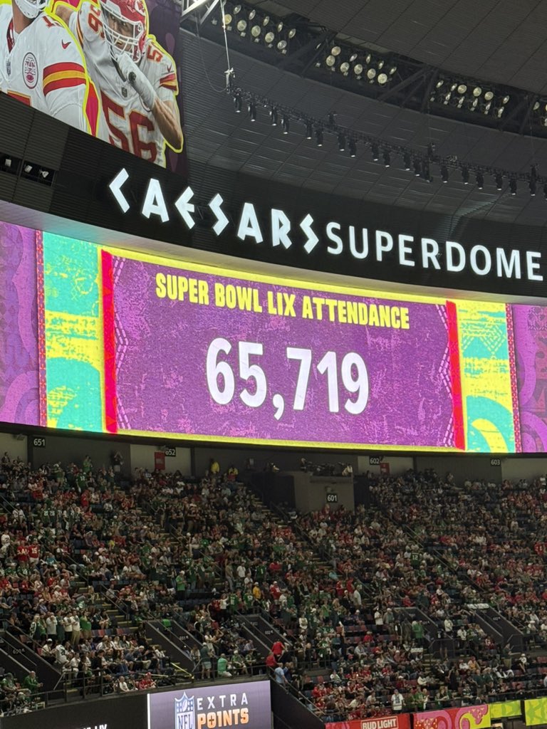 McQuaidNFL's tweet image. The NFL announces an attendance of 65,719 in attendance at the Superdome for #SBLIX
