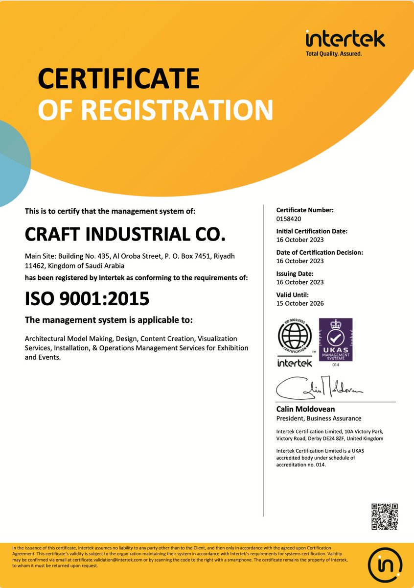 CraftGroupKSA's tweet photo. Proud to receive three certifications from Intertek for our excellence in Architectural Model Making, Design &amp; Visualization, and Installation &amp; Operations for Exhibitions &amp; Events. A testament to our commitment to quality &amp; innovation in Saudi Arabia. #IntertekCertified https://t.co/2aGCY6AbgT
