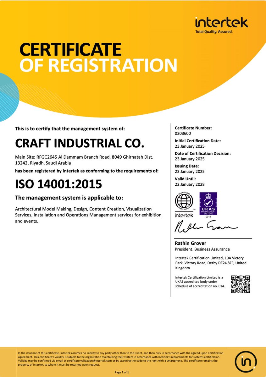 CraftGroupKSA's tweet photo. Proud to receive three certifications from Intertek for our excellence in Architectural Model Making, Design &amp; Visualization, and Installation &amp; Operations for Exhibitions &amp; Events. A testament to our commitment to quality &amp; innovation in Saudi Arabia. #IntertekCertified https://t.co/2aGCY6AbgT