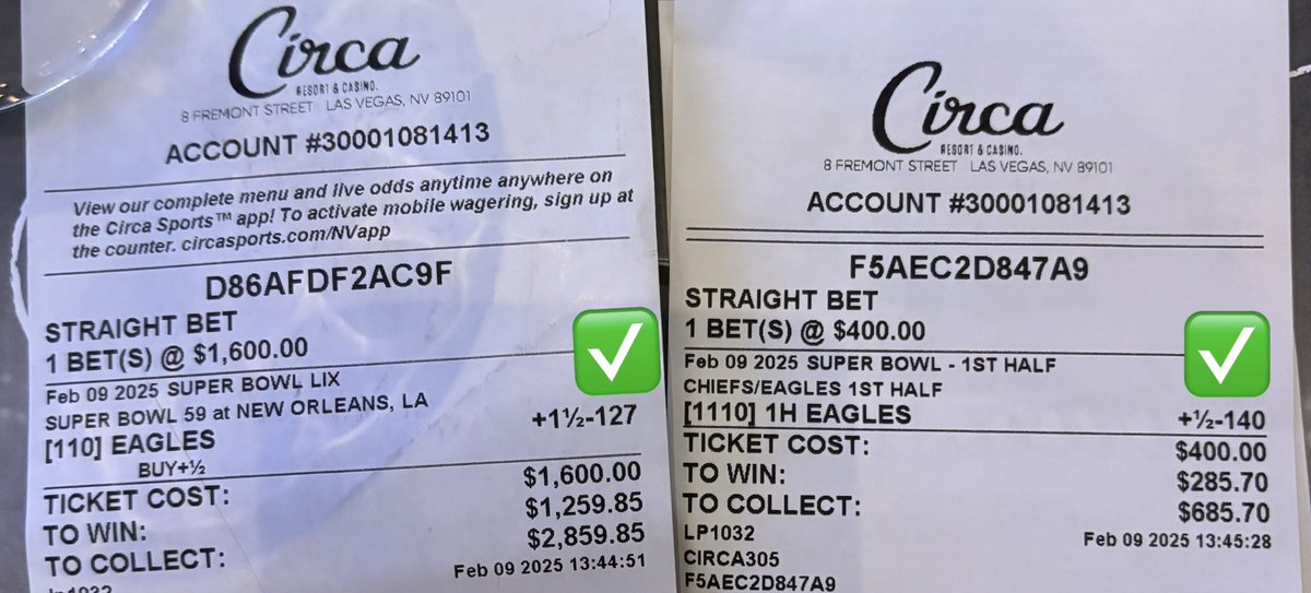 SUPER MAX SUPER BOWL WINNER🤑

LIKE/RT sending $50 to 5 people🔨

Eagles +1.5 MAX✅
Eagles 1H +1.5 MAX✅

2025 MAXES: 6-2 +11.73 units (75%)
2024 MAXES: 26-11 +28.69 units (72%)

WE OWN THE CHAMPIONSHIPS🏆

CONGRATS TO ALL WHO TRUSTED🥂
