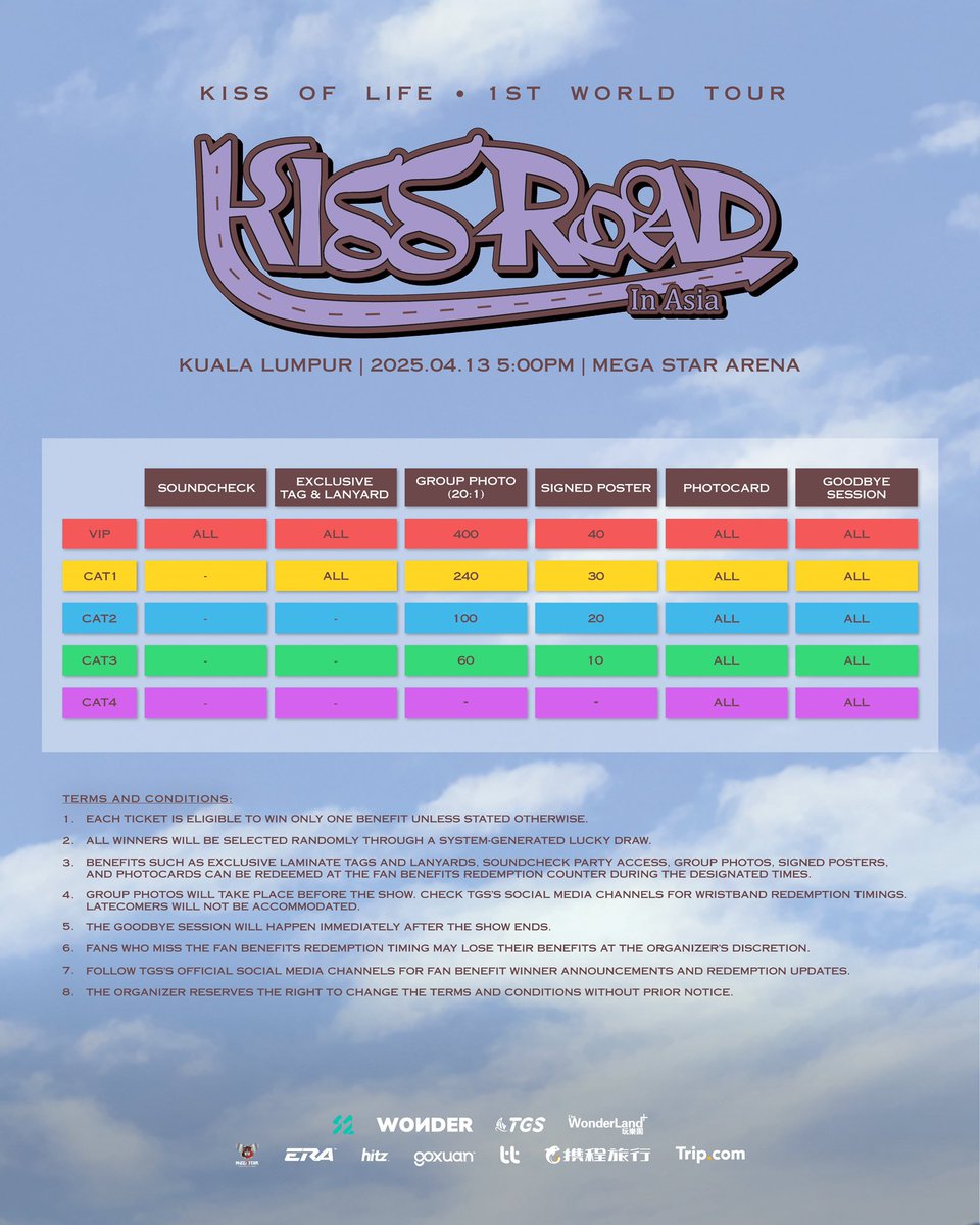 2025 KISS OF LIFE 1st World Tour: [KISS ROAD] in KUALA LUMPUR 🇲🇾 

📅 13 APR 2025 (SUN) (5PM)
📍 MEGA STAR ARENA,KL

✨ Ticket OPEN ✨
📅 15 FEB 2025 (SAT)(11 AM) 
🎟️ RM798,668,538,438,338
🔗 ticketingtix.com/www.ctrip.com/ trip.com

By @thegallantshow
#KISSOFLIFE #KIOF