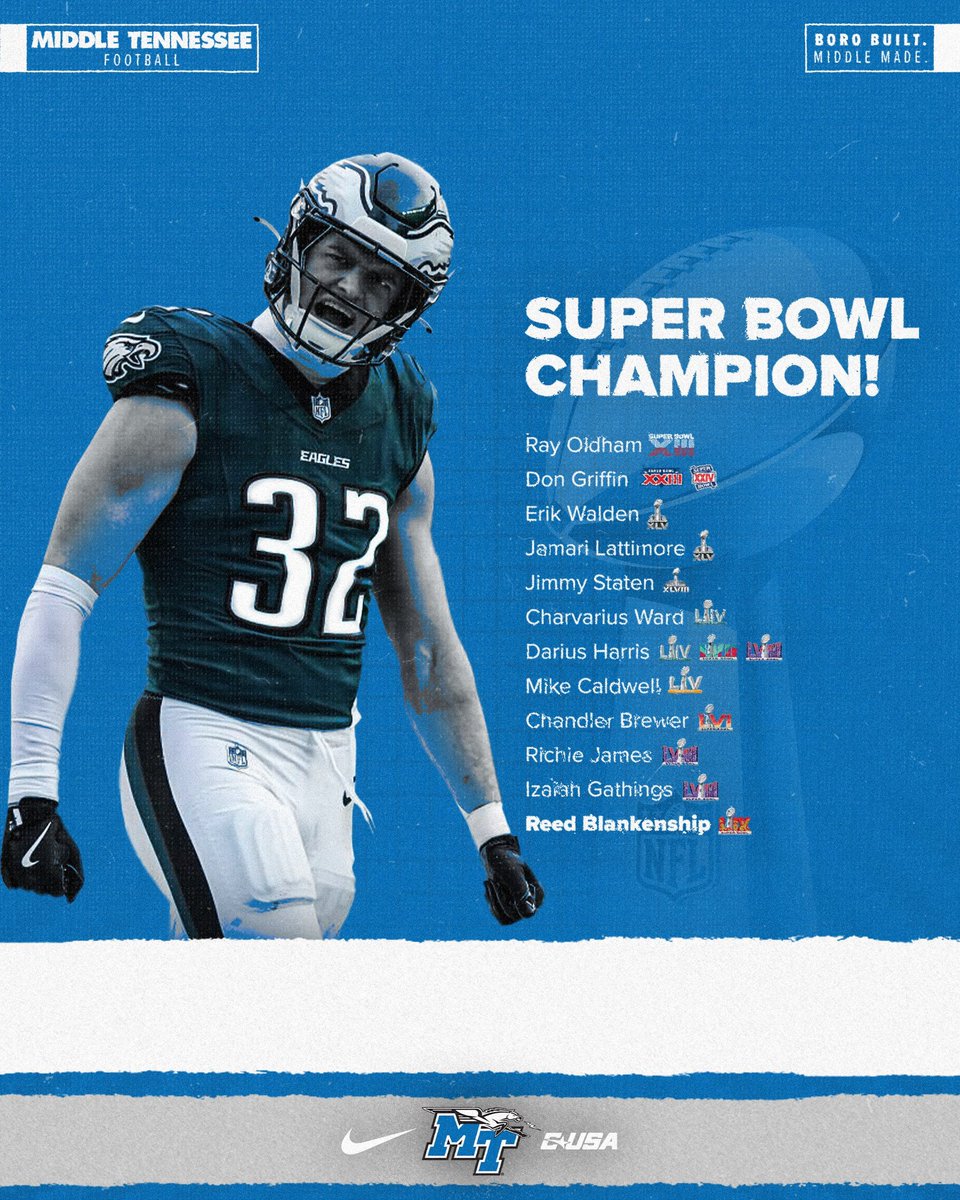 MT_FB's tweet photo. Congrats to @reedus99_reed on winning #SuperBowlLIX
This is the sixth year in a row that a Blue Raider has won a Super Bowl!
#BoroBuiltMiddleMade | #ProBlueRaiders https://t.co/sxrS98GcH5