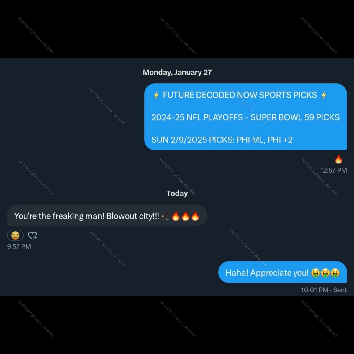 future_decoded's tweet image. 3 FOR 3 ON THE #SUPERBOWLLIX BETS ! 🔥

AS THE #PHILADELPHIA #EAGLES ARE CROWNED #SUPERBOWL CHAMPS AS PREDICTED! 

PHI TO BEAT CHIEFS +400 ✅
PHI OUTRIGHT FUTURES +475 ✅
PHI ML +110 ✅

CONGRATS SUBSCRIBERS ! 👏 👏 👏 

#FLYEAGLESFLY #CHIEFSKINGDOM #PHILLY #KCCHIEFS #CHIEFS #PHI