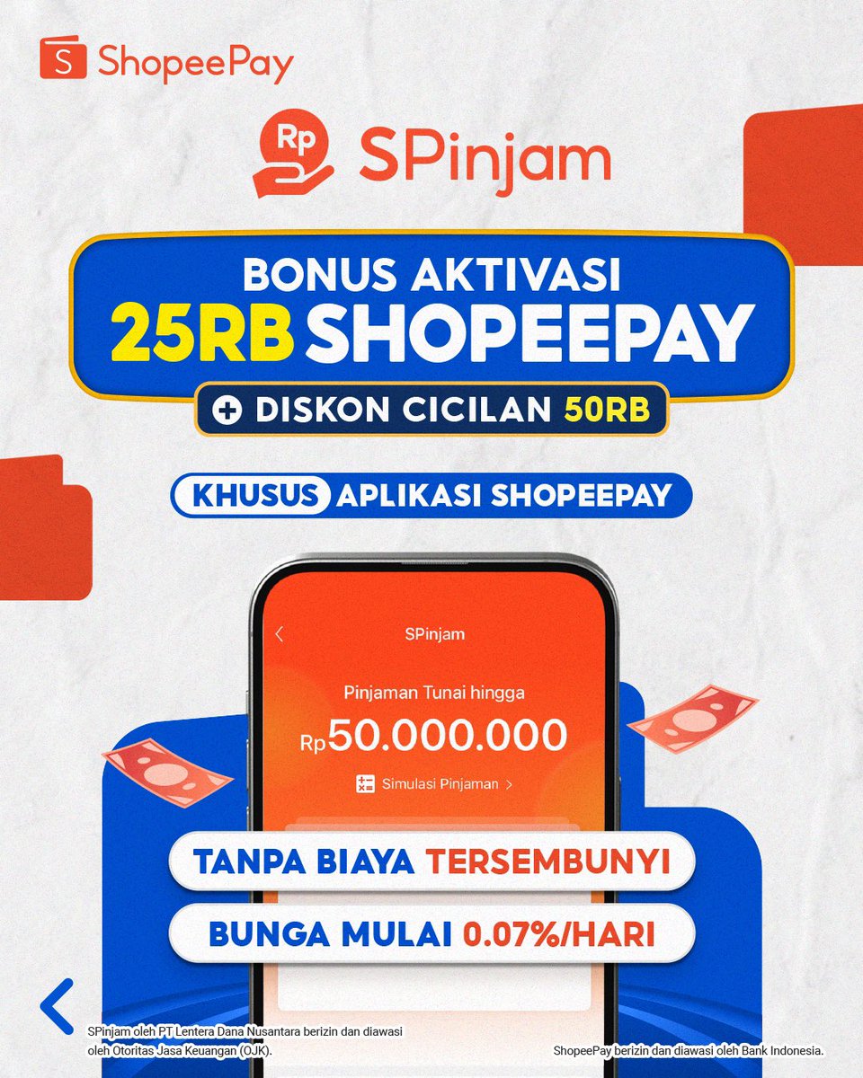 ShopeePay_ID's tweet photo. SURPRIIISE~ Selamat, kamu bisa dapet bonus 25RB ShopeePay PLUS diskon cicilan 50RB cuma dengan aktivasi SPinjam, lho! π
Kejutan spesial ini bisa kamu dapetin khusus di Aplikasi ShopeePay, ya! Nggak usah mikir dua kali, buruan aktivasi sekarang~π
#AplikasiShopeePay #SPinjam https://t.co/8JNZ72TCZZ