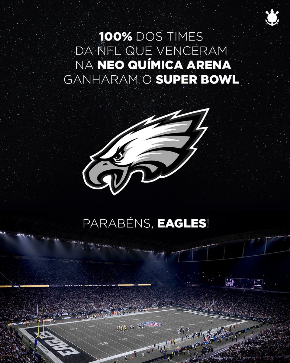 Corinthians's tweet photo. A gente foi pé quente!

Congratulations, @Eagles! 🏈🦅

#SBLIX
#FlyEaglesFly
#NeoQuimicaArena
#VaiCorinthians https://t.co/0VBulT2stP