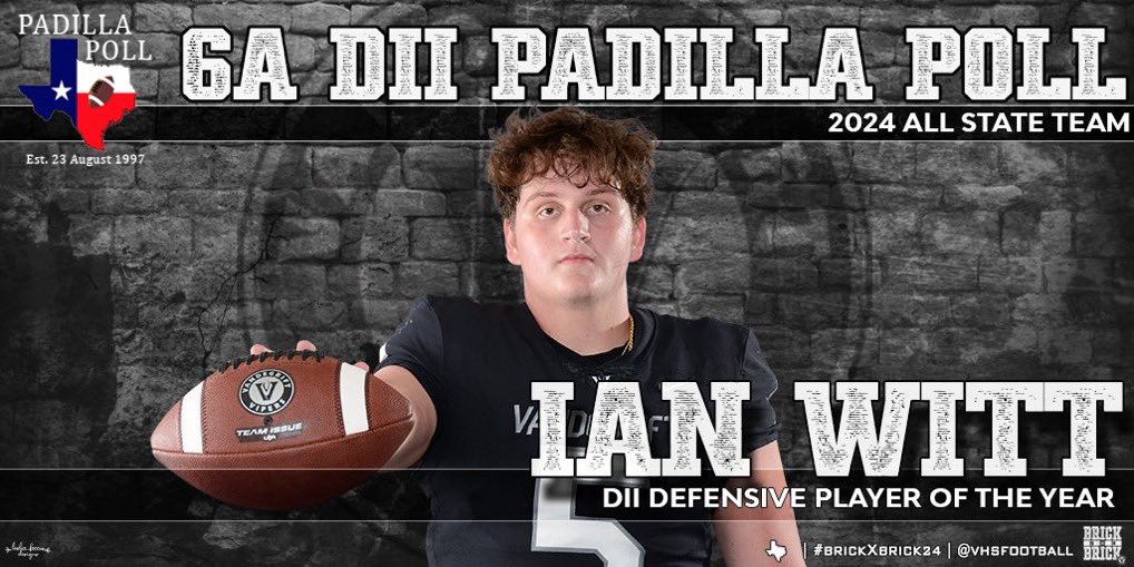 IanWitt61's tweet photo. Honored to be named Texas 6A-DII Padilla Poll All-State Defensive Player of the year and also the to the THSCA Super Elite Team for this season. Congratulations to all of my teammates receiving honors. Couldn’t have won the State Championship without each other. @VHSFootball @RecruitVandyFB @padillapoll