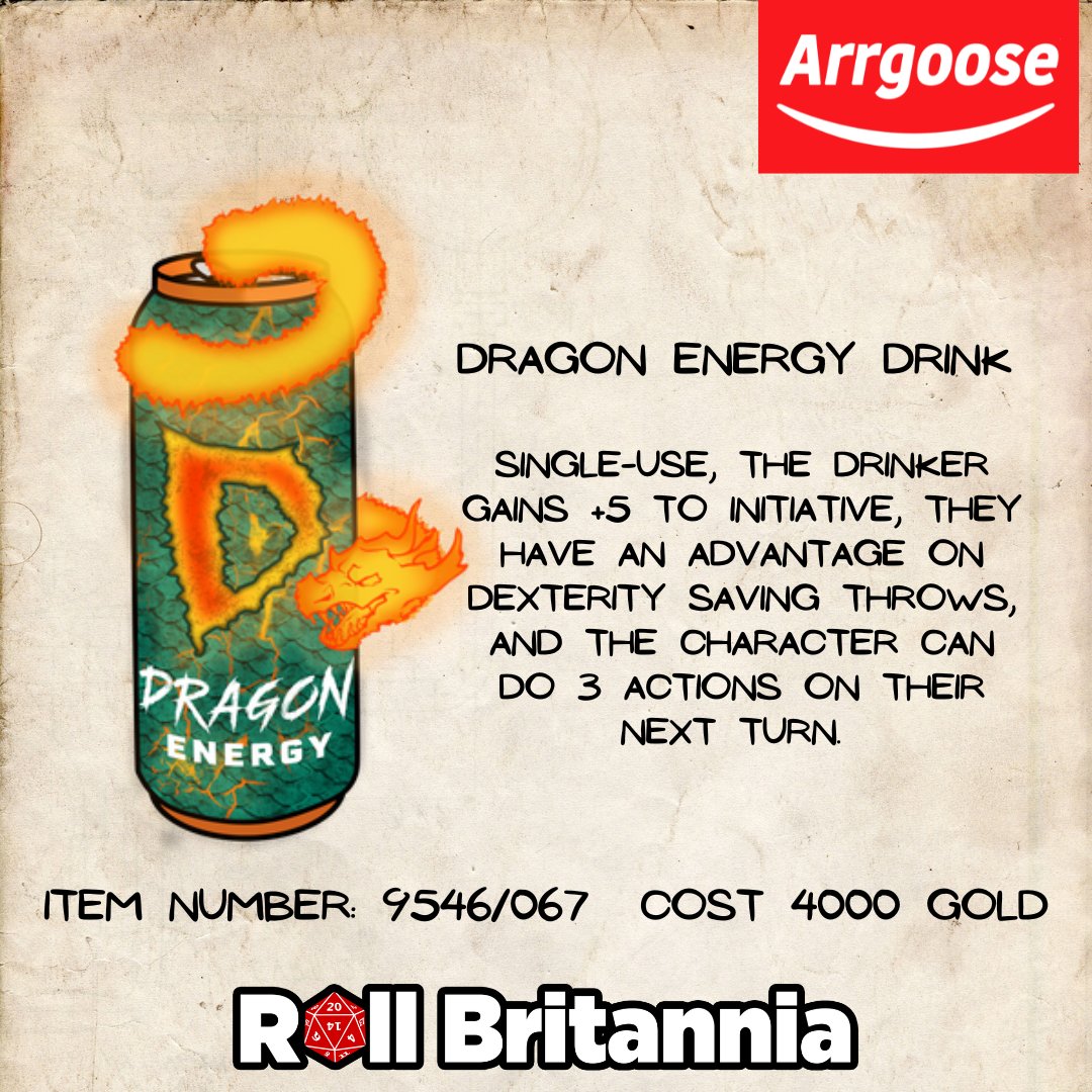 RollBritannia's tweet photo. Join us as we dive deep into the Arrgoose Catalogue once again, this week we have Keth's favourite battle enhancement beverage - The Dragon Energy Drink! How would you use this to your advantage? - Arrg-Oose
#dnd #dnditems #magicalitem #dndmagicitems #arrgoose #angrygoose https://t.co/0S7njPpaEv