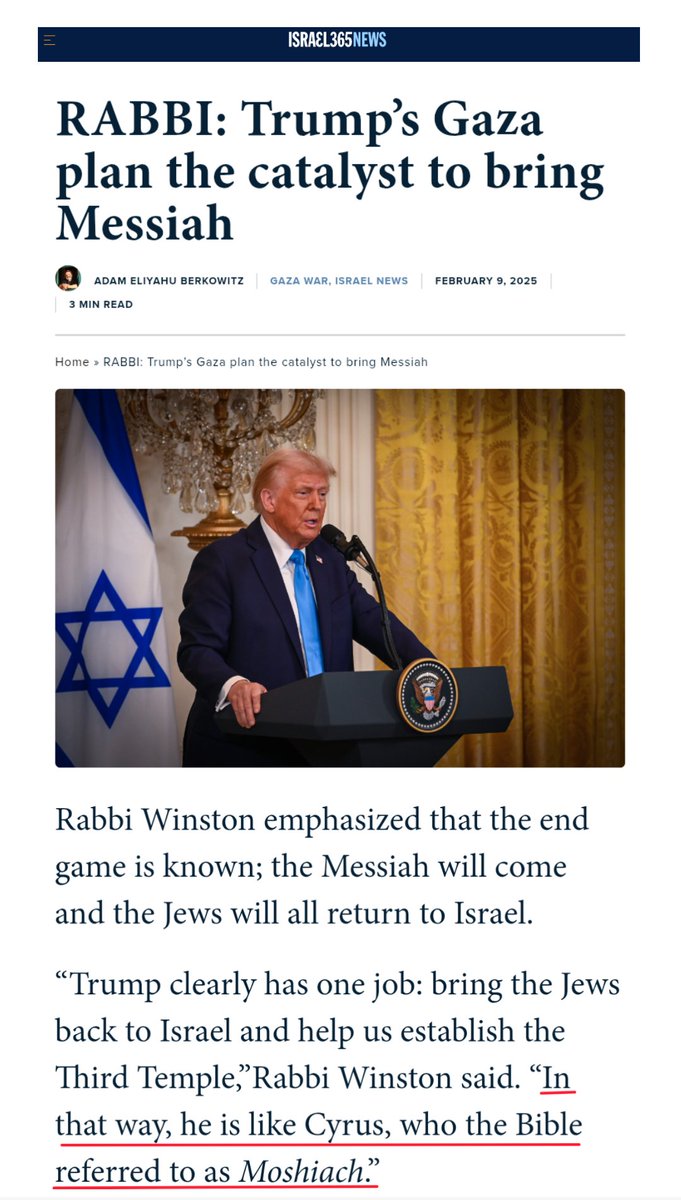 AnandPanna1's tweet image. 🚨9 Feb 25 : Rabbi Winston emphasized that the end game is known...

“Trump clearly has one job: bring the Jews back to Israel &amp;amp; help us establish the #ThirdTemple”

 “In that way, he is like Cyrus, who referred to as #Moshiach.”

x.com/AnandPanna1/st…