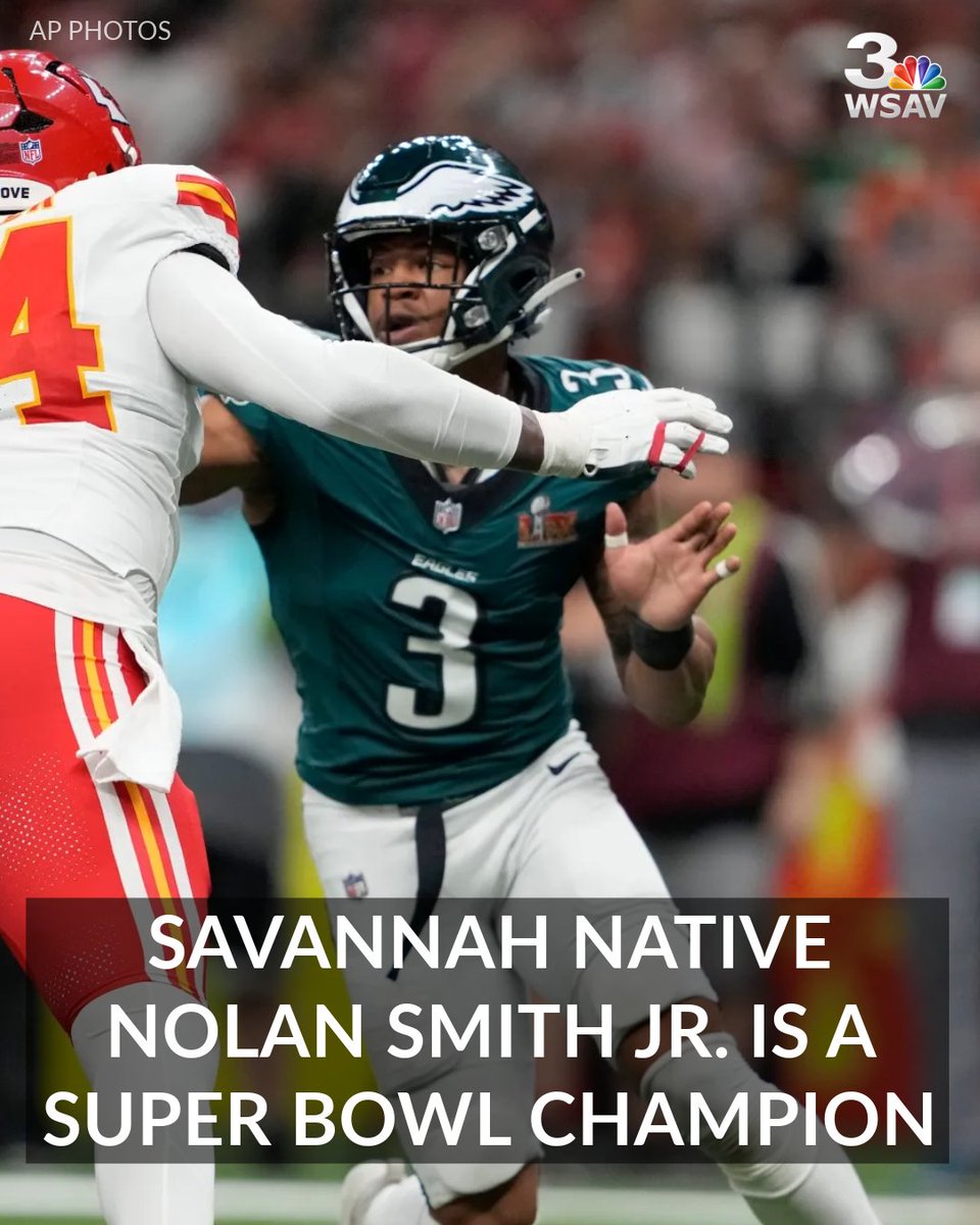 WSAV News 3 (@wsav) on Twitter photo Savannah native Nolan Smith Jr. is a Super Bowl champion after the Philadelphia Eagles defeated the Kansas City Chiefs in Super Bowl LIX in dominant fashion, 40-22. via <a href="/WSAV/">WSAV News 3</a> <a href="/WSAVBlitz/">WSAV BLITZ</a> <a href="/Joey_B_Lamar/">Joey Lamar</a>
Read more >> trib.al/2rv3B2X Savannah native Nolan Smith Jr. is a Super Bowl champion after the Philadelphia Eagles defeated the Kansas City Chiefs in Super Bowl LIX in dominant fashion, 40-22. via <a href="/WSAV/">WSAV News 3</a> <a href="/WSAVBlitz/">WSAV BLITZ</a> <a href="/Joey_B_Lamar/">Joey Lamar</a>
Read more >> trib.al/2rv3B2X