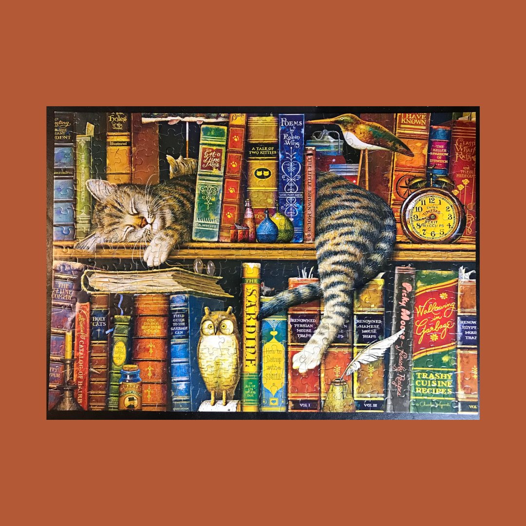 PuzzleHobby's tweet photo. Three fast facts for 300 piece puzzles. One-easier on your eyes. Two-reduced frustrations and three-faster completion. Let's mention the easy handling for sensitive hands too. Check out Buffalo Games,  Charles Wysocki's Frederick The Literate. Visit; https://t.co/NzKaSRSnjZ https://t.co/HD0J80rkXQ