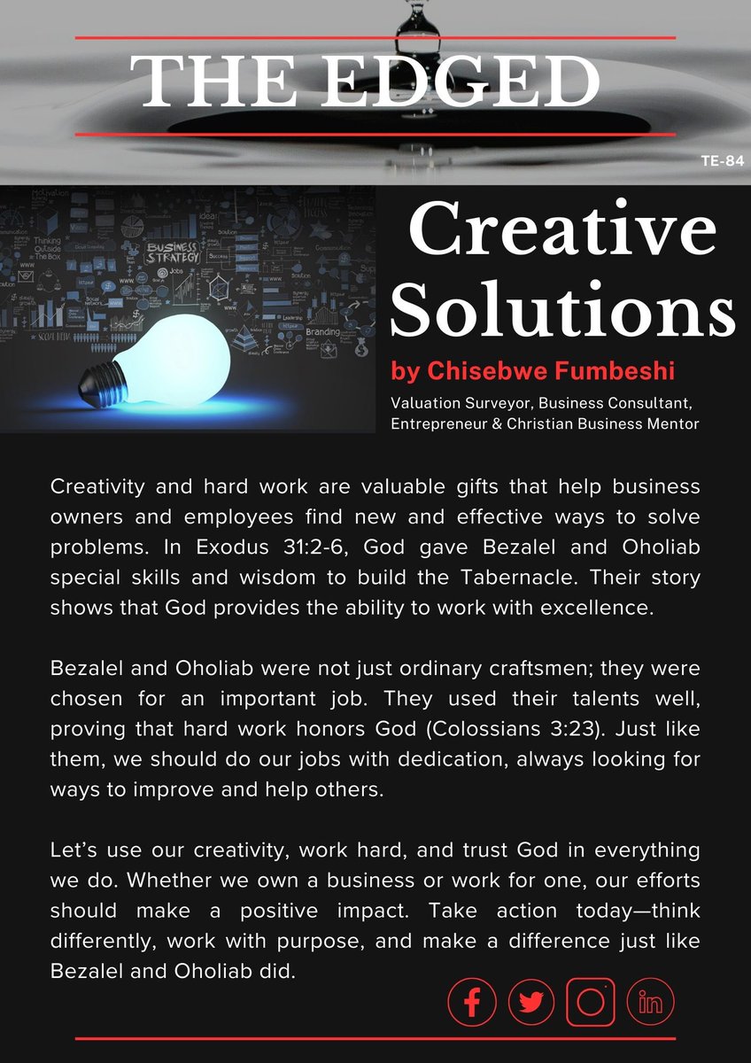 Creative Solutions

Creativity and hard work are valuable gifts that help business owners and employees find new and effective ways to solve problems. In Exodus 31:2-6, God gave Bezalel and Oholiab special skills and wisdom to build the Tabernacle.

#Thrivingworkplace #TheEdged