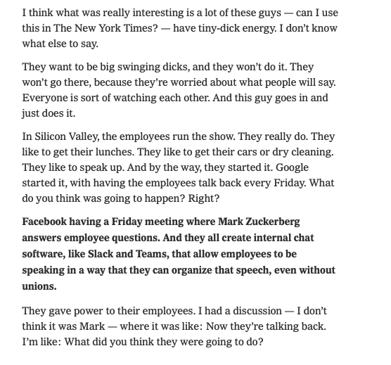 RichardHanania's tweet photo. I just listened to Kara Swisher on the Ezra Klein show.

I now have much better insight as to why Silicon Valley has sifted to the right.

Her entire "analysis" is petty and personal insults about the men she covers. Contempt just absolutely drips off her tongue in every sentence.

To Swisher, they're just scared little boys who want people to love them. They have "little dick energy." And so on. 

Psychologists have a norm that they don't diagnose people who aren't their patients. But she has a story for each billionaire whose politics she doesn't like and knows exactly why they became who they are. 

This is the person that the media crowned as perhaps their most prominent "tech reporter." It's all psychobabble drivel not held to any kind of evidentiary standards, obviously motivated by pettiness and contempt disguised as journalism.

This would radicalize anyone against the media.