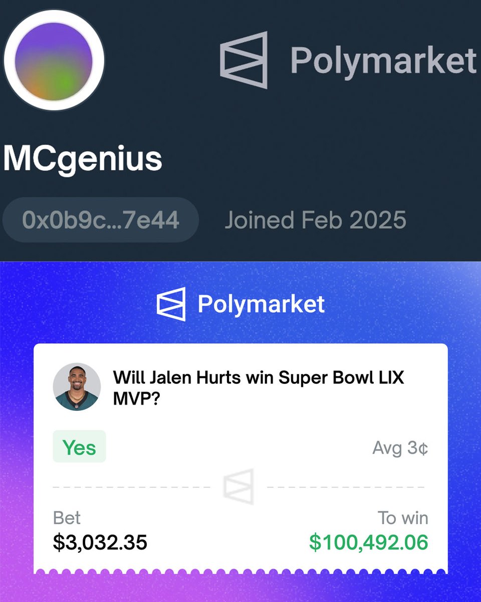 MCgenius bet $3k on Jalen Hurts for MVP.

He just cashed out $100k. 

He was a MCgenius after all.