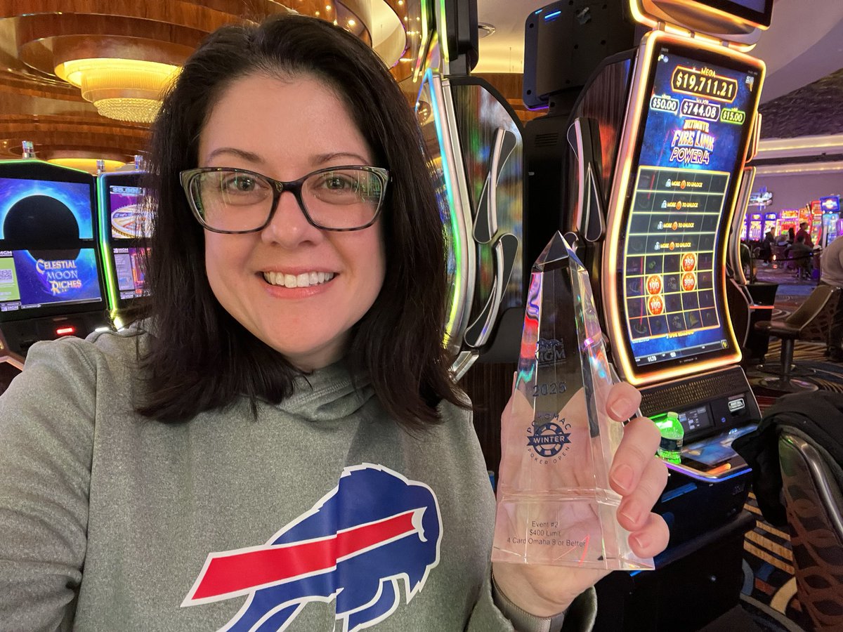 DCJennyLynn's tweet photo. Didn’t plan on watching the big game—ended up winning Event 2 Omaha 8b at @MGMNH_Poker instead! Putting the winnings toward my nephew’s GoFundMe for a wheelchair van 💚 #GoBills #GoEvan https://t.co/kLvvWmdolD