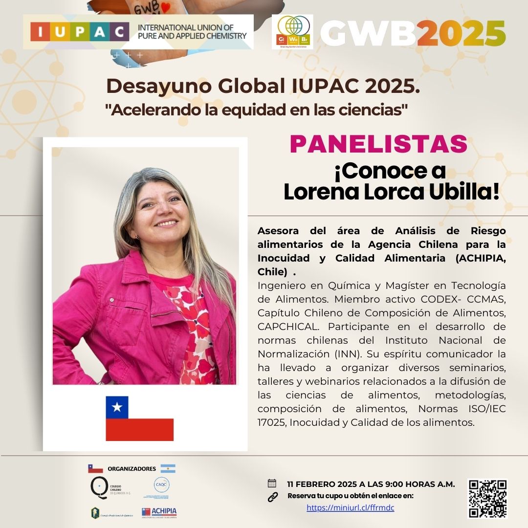 🌟 ¡Conoce las destacadas panelistas del #GWB2025 Chile-Argentina! 🌍🔬Únete a ellas el 11 de febrero, 9:00 horas a.m.
📢 Evento gratuito | Formato híbrido (cupos presenciales agotados).
🔗 Reserva tu lugar 👉 miniurl.cl/ffrmdc
#IUPAC #ColegioDeQuímicos #Achipia #Quimica