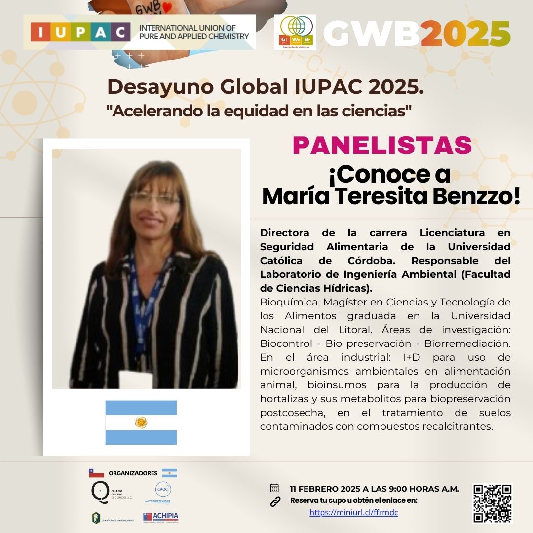🌟 ¡Conoce las destacadas panelistas del #GWB2025 Chile-Argentina! 🌍🔬
Únete a ellas el 11 de febrero, 9:00 horas a.m.
📢 Evento gratuito | Formato híbrido (cupos presenciales agotados).
🔗 Reserva tu lugar 👉 miniurl.cl/ffrmdc
#IUPAC #ColegioDeQuímicos #Achipia #Química