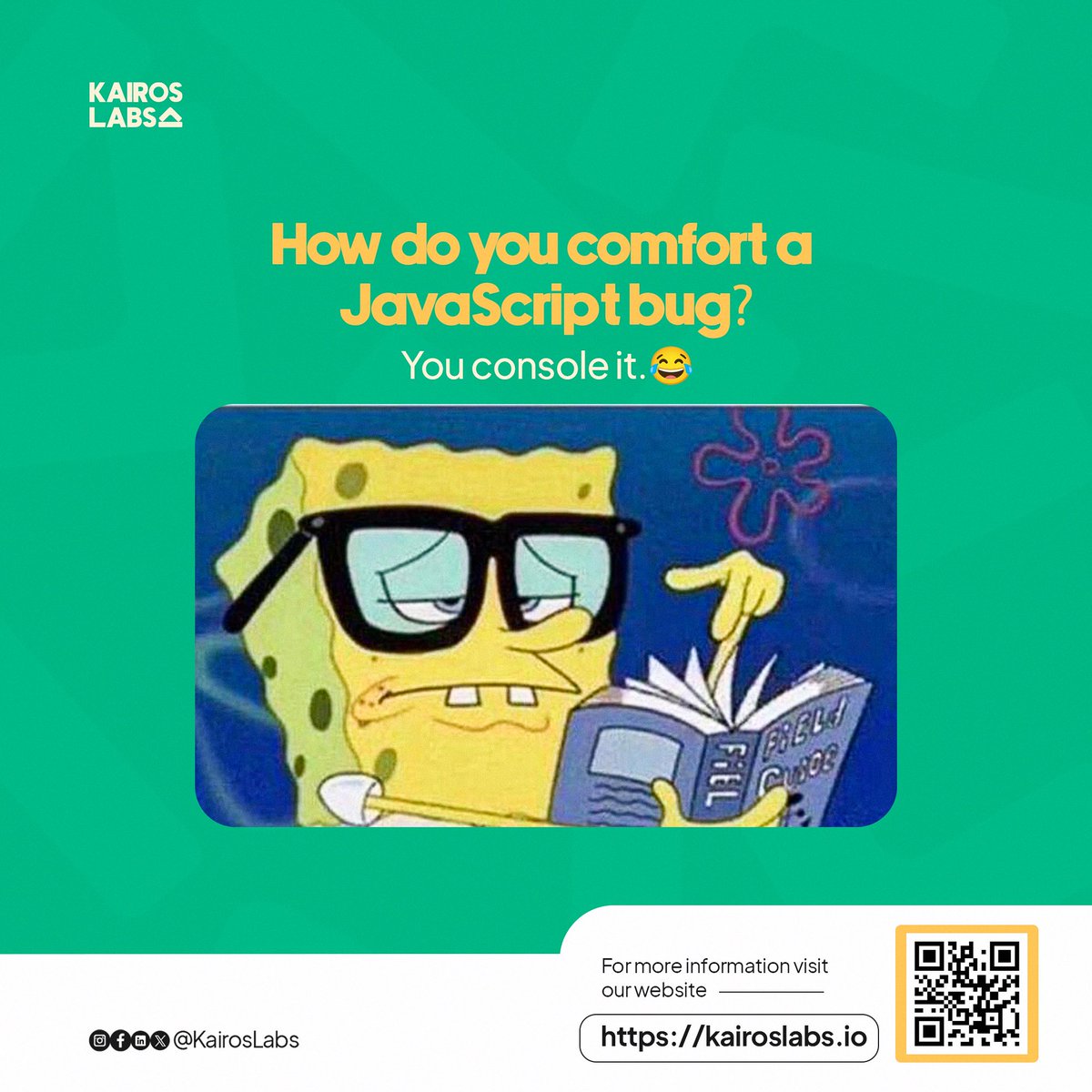 Kairoslabs_io's tweet image. How do you comfort a JavaScript bug?
You console it. 😂
Tag a friend who would appreciate this joke!
#CodingHumor #JavaScript #KairosLabs #Tech #Meme