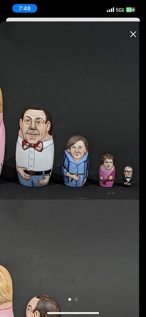 Golden Girls nesting dolls. Part 1 and Part 2 of our LGBTQ icons. Natalie Curtis is the artist. Coco &amp; the minks, Clayton, the wedding caterer, Stevie, maid interviewee, and Doug. Part 2 Laslo, Jean, Gil Kessler, double sided image consultant, trumpet player, and Laslo’s bf.