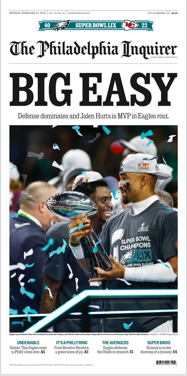 The front page of Monday’s <a href="/PhillyInquirer/">The Philadelphia Inquirer</a> for the Super Bowl champs
