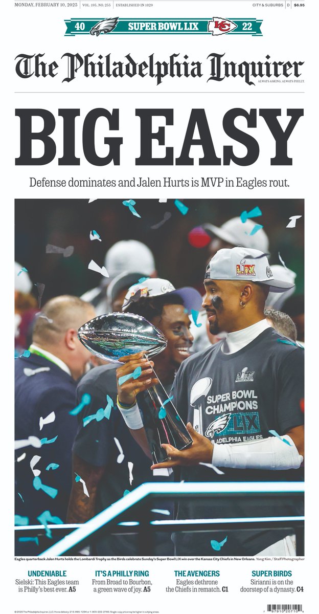 Brian Leighton (@phillyleighton) on Twitter photo Here's a Super Bowl front page for Eagles fans to savor. Take an early look at Monday's <a href="/PhillyInquirer/">The Philadelphia Inquirer</a> final edition. Here's a Super Bowl front page for Eagles fans to savor. Take an early look at Monday's <a href="/PhillyInquirer/">The Philadelphia Inquirer</a> final edition.