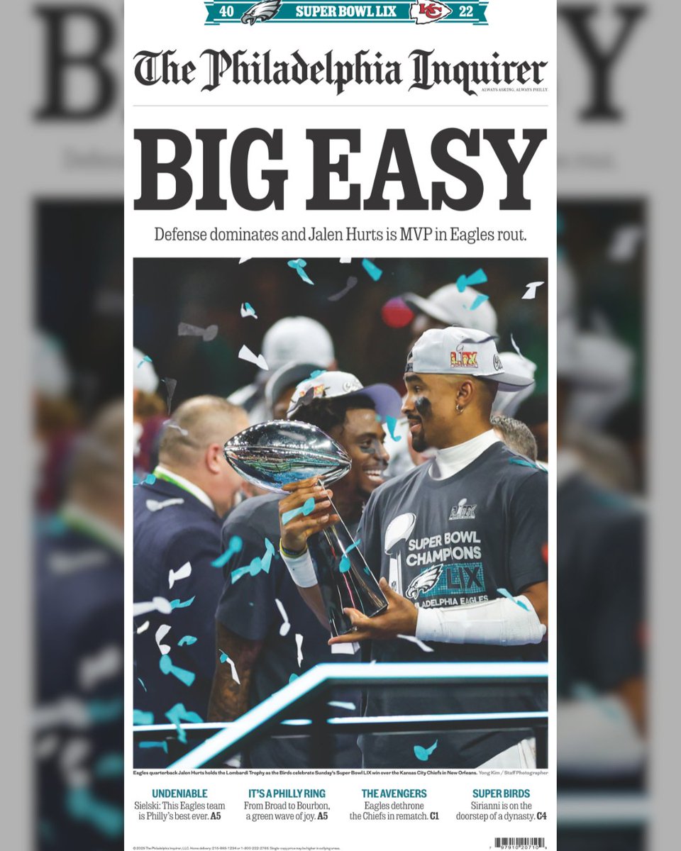 The Philadelphia Inquirer (@phillyinquirer) on Twitter photo 🏆 Presenting the front page of tomorrow's Inquirer, memorializing the Eagles' second Super Bowl win. 🏆 Presenting the front page of tomorrow's Inquirer, memorializing the Eagles' second Super Bowl win.