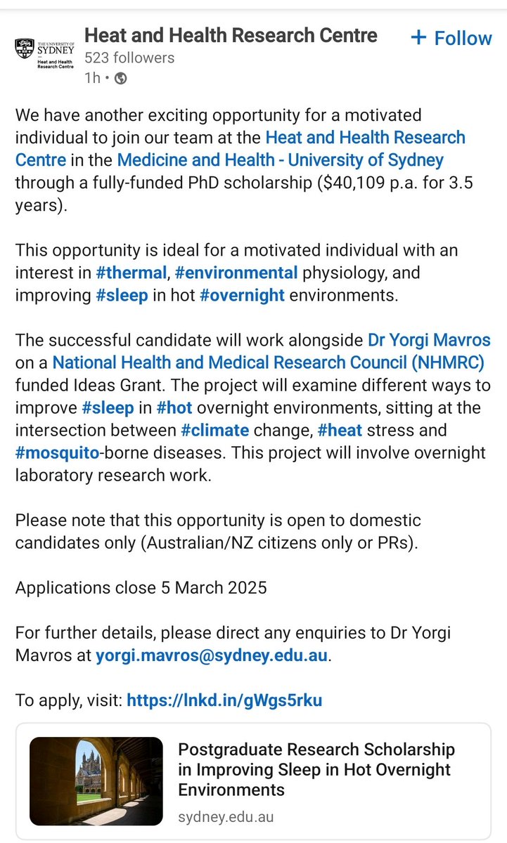 I have a fully funded PhD scholarship looking at ways to improve sleep quality in hot overnight environments.

Applications close March 5th 2025
sydney.edu.au/scholarships/c…