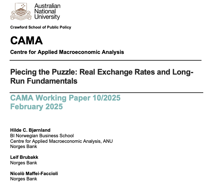 ANU CAMA (@camacroanalysis) on Twitter photo New CAMA working paper (Vol: 10/2025): ‘Piecing the Puzzle: Real Exchange Rates and Long-Run Fundamentals’, by <a href="/HCBjornland/">Hilde C. Bjørnland</a>, Leif Brubakk and <a href="/nmaffeifaccioli/">Nicolò Maffei-Faccioli</a>
Read it at bit.ly/4aZN2eU
<a href="/ANUCrawford/">ANU Crawford School of Public Policy</a> <a href="/CAMP_BI/">CAMP BI</a> <a href="/NorgesBank/">Norges Bank</a> New CAMA working paper (Vol: 10/2025): ‘Piecing the Puzzle: Real Exchange Rates and Long-Run Fundamentals’, by <a href="/HCBjornland/">Hilde C. Bjørnland</a>, Leif Brubakk and <a href="/nmaffeifaccioli/">Nicolò Maffei-Faccioli</a>
Read it at bit.ly/4aZN2eU
<a href="/ANUCrawford/">ANU Crawford School of Public Policy</a> <a href="/CAMP_BI/">CAMP BI</a> <a href="/NorgesBank/">Norges Bank</a>