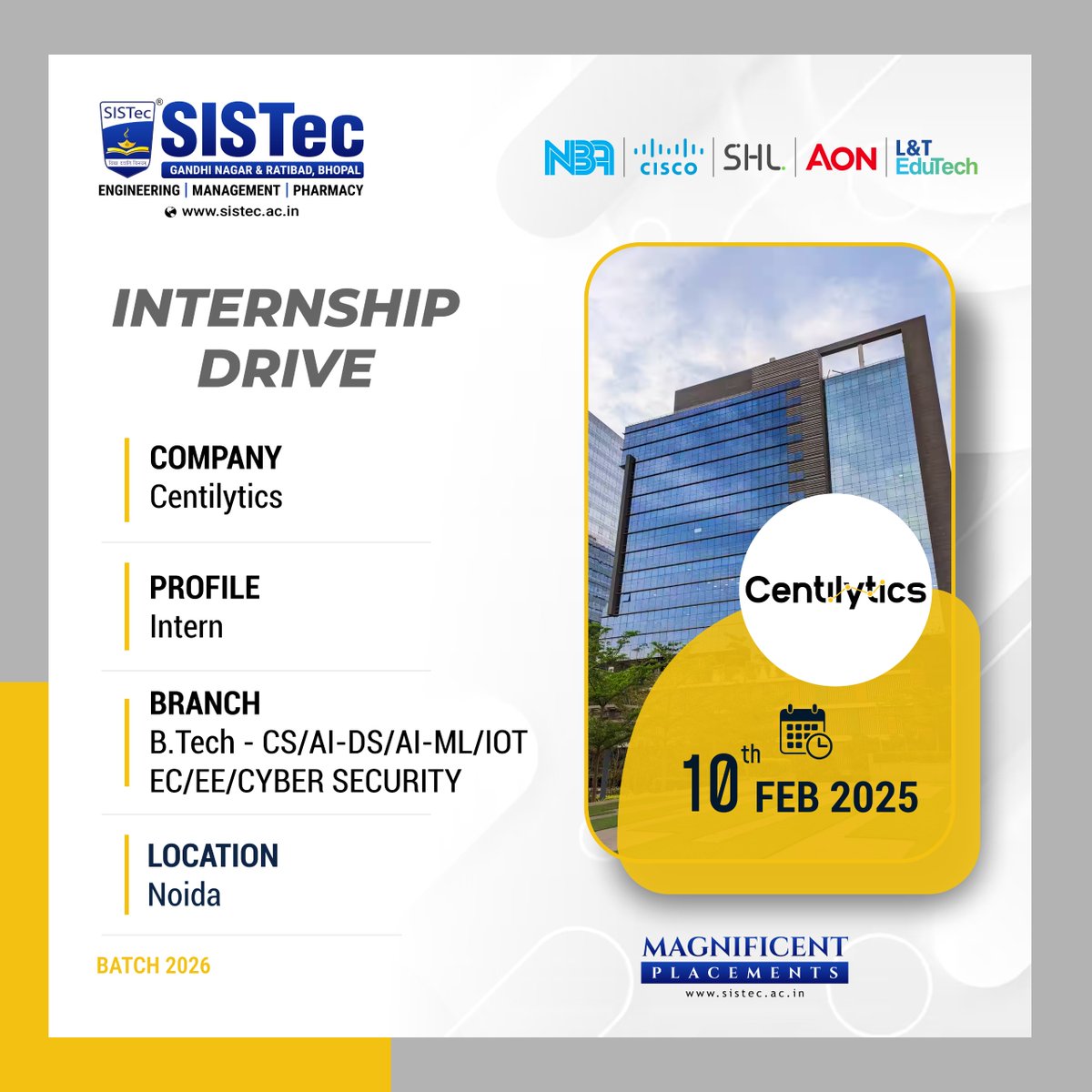 SagarCollege's tweet image. Campus #Internship Alert! 

Company: Centilytics
Date: 10th February 2025
Eligibility: [B.Tech - CS/AI-DS/AI-ML/IOT/EC/EE/Cyber Security (Batch 2026)]
Role: Intern
#CampusInternship #BestInternships #SISTec #Engineering #Career
