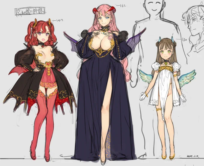魔王の娘3姉妹のハーレムもの企画キャラデザラフ。企画作ってはキャラデザして没らせるの繰り返し…!早く本編作業に入りたいけど、ここで時間使ったほうがいいよなぁ… 